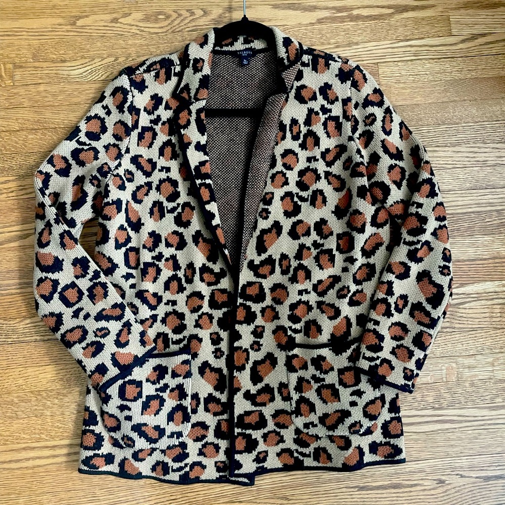 Talbots caramel colored leopard sweater blazer.